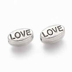 Antique Silver Tibetan Style Alloy Beads, Oval with Word Love, Valentine's Day, Cadmium Free & Nickel Free & Lead Free, Antique Silver, 10x6x4mm, Hole: 1mm
