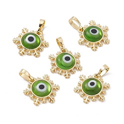 Yellow Green Handmade Evil Eye Lampwork Pendants, with Rack Plating Real 18K Gold Plated Brass Findings, Long-Lasting Plated, Snowflake Charm, Yellow Green, 15x14x4mm, Hole: 4x6.5mm
