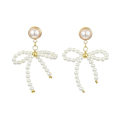 White Natural Pearl Beaded Bowknot Dangle Stud Earrings, Golden Alloy Drop Earrings, White, 49~50x33~34mm