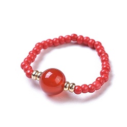 Carnelian Natural Carnelian Stretch Rings, with Glass Seed Beads, Size 8, 18mm