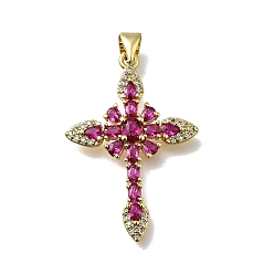 Средний Фиолетово-красный Латунные микро проложить кубического циркония подвески, крестик, без кадмия и без свинца, стойки покрытие, долговечный, средне фиолетовый красный, 31x21x3.5 мм, отверстие : 4x3.5 мм