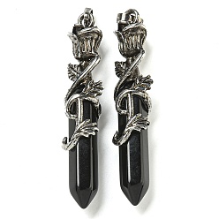 Обсидиан Натуральный обсидиан ограненный двойной термальный заостренный большой кулон, Подвески в виде шестиугольной призмы с розой в оболочке из сплава, античное серебро, 59.5x14x10.5 мм, отверстие : 6.5x4.5 мм