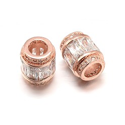 Real Rose Gold Plated Column Brass Micro Pave Cubic Zirconia Large Hole Beads, Lead Free & Nickel Free & Cadmium Free, Clear, Real Rose Gold Plated, 12x10mm, Hole: 5.5mm