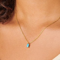 Deep Sky Blue Birthstone Style Cubic Zirconia Rectangle Pendant Necklaces, Golden Titanium Steel Necklace, Deep Sky Blue, 15.75 inch(40cm)