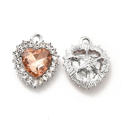 Sandy Brown Alloy Glass Pendants, Crystal Rhinestone Heart Charm, Platinum, Sandy Brown, 19x16x5.8mm, Hole: 2mm