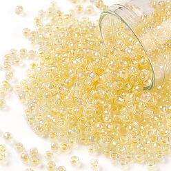 (770) Inside Color AB Crystal/Yellow Lined Круглые бусины toho, японский бисер, (770) внутри кристалл цвета ab / желтая подкладка, 8/0, 3 мм, отверстие : 1 мм, Около 222 шт / 10 г