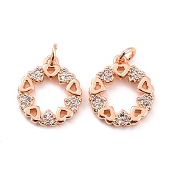 Розовое Золото Латунные микро проложить кубического циркония подвески, с прыжковых колец, долговечный, без кадмия и без свинца, плоско-круглые с сердцем, розовое золото , 13.5x12x1.5 мм, отверстие : 2.6 мм
