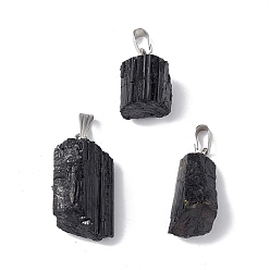 Tourmaline Natural Black Tourmaline Pendants, Nuggets Charms with Stainless Steel Color Plated 201 Stainless Steel Snap on Bails, 20~33x10~24x9.5~12mm, Hole: 3.5x7.5mm