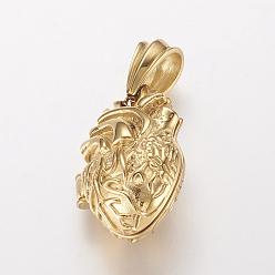 Golden 304 Stainless Steel Locket Pendants, Cage Pendants, with Magnetic, Heart, Golden, 35x23x16mm, Hole: 7.5x13mm, inner diameter: 14.5x24.5mm