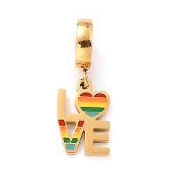Golden 304 Stainless Steel European Dangle Charms, with Enamel, Large Hole Pendants, Word Love, Golden, 24mm, Hole: 4mm, Love: 13.5x9x1.5mm