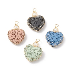 Mixed Color Natural Lava Rock Pendants, for Perfume Essential Oil Charm, with Golden Tone Copper Wire and Natural Cultured Freshwater Pearl, Heart, Mixed Color, 34~36x23.5~25x9~10mm, Hole: 3.5~4mm