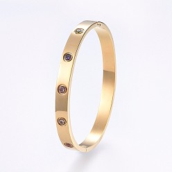 Golden 304 Stainless Steel Bangles, with Cubic Zirconia, Colorful, Golden, 2-3/8 inch(6.1cm)x2-1/8 inch(5.3cm), 7mm