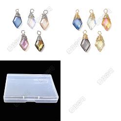 Platinum & Light Gold 60 piezas 2 colgantes de vidrio envueltos en alambre de cobre de colores, rombo, platino y oro claro, 18x8x5 mm, agujero: 2 mm, 30 piezas / color