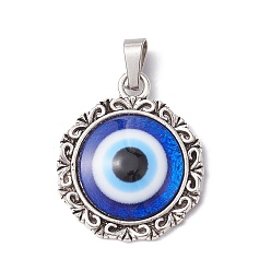 Antique Silver Translucent Resin Evil Eye Pendants, Aloy Blue Lucky Eye Charms, Antique Silver, 29.5x25x5mm, Hole: 8x4mm