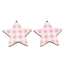 Pink MDF Double-faced Printed Big Pendants, Star with Tartan Pattern Charms, Pink, 47.5x50x2.5mm, Hole: 1.8mm