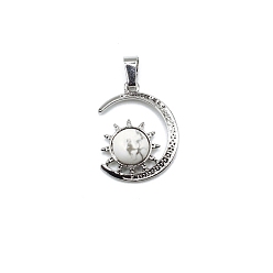 Howlite Natural Howlite Pendants, Antique Silver Plated Alloy Moon with Sun Charms, 28x22mm
