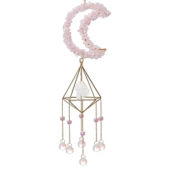 Rose Quartz Natural Rose Quartz & Crystal Quartz Hanging Ornaments, Glass Tassel Suncatchers, Moon, 480mm
