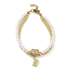 Сердце Латунь многожильных браслеты, браслеты со стразами для женщин, ионное покрытие (ip), реальный 18 k позолоченный, с пластиковой жемчужиной и 304 карабином из нержавеющей стали, сердце, 7-3/8 дюйм(18.7см)+28удлинитель мм