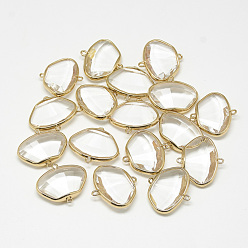 Clear Glass Links connectors, with Golden Tone Brass Findings, Faceted, Trapezoid, Clear, 22x24.5x7mm, Hole: 1mm