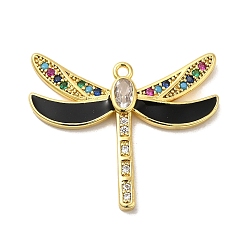 Black Rack Plating Brass Cubic Zirconia Pendants, with Enamel, Long-Lasting Plated, Lead Free & Cadmium Free, Real 18K Gold Plated, Dragonfly, Black, 25.5x30x3mm, Hole: 1.6mm