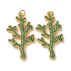 Зеленый Латунные микро проложить кубического циркония подвески, коралл, с целью перехода в кольце, стойки покрытие, долговечный, без свинца и без кадмия, реальный 18 k позолоченный, зелёные, 37.5x21x3 мм, отверстие : 3.5 мм