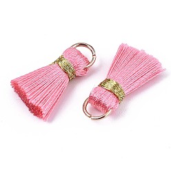Hot Pink Handmade Polycotton(Polyester Cotton) Tassel Decorations, Pendant Decorations, with Golden Iron Loops, Hot Pink, 17~21x10x5mm, Jump Ring: 6x0.7mm, Inner Diameter: 4.6mm