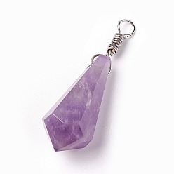 Amethyst Natural Amethyst Pendants, with Brass Findings, Cone, Platinum, 44~46x14~15mm, Hole: 4mm