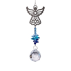 Deep Sky Blue Glass Teardrop Pendant Decorations, with Metal Angel Link, Hanging Suncatchers Garden Decorations, Deep Sky Blue, 350mm