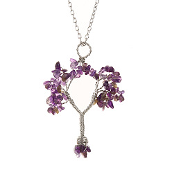 Amethyst Natural Amethyst Chips Tree of Life Pendant Necklaces, Brass Wire Wrap Necklace with Alloy Chains, 20.08 inch(51cm)