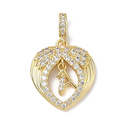 Letter A Латунные микропаве прозрачные подвески с фианитом, крыло с буквенными подвесками, без свинца и без кадмия, долговечный, стойки покрытие, реальный 18 k позолоченный, буква a, 20.5x18x3.5 мм, отверстие : 4.5x3.5 мм