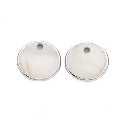 Platinum Natural Freshwater Shell Charms, with UV Plated, Flat Round, Platinum, 15x1.5mm, Hole: 2mm