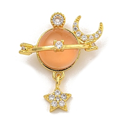 Персиковый Слойка Латунные микро проложить кубического циркония подвески, cmолой, долговечный, золотые, планета, луна и звезда, розовые, 25x22x14 мм, отверстие : 4x2 мм
