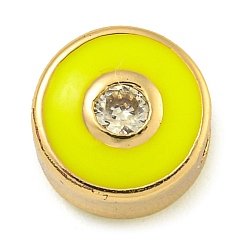 Желтый Стойки обшивки латунь микро проложить кубического циркония бусы, с эмалью, без кадмия и без свинца, долговечный, реальный 18 k позолоченный, плоские круглые с сглаза, желтые, 7.5x6 мм, отверстие : 1.8 мм