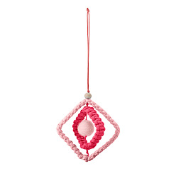 Cerise Rhombus Shape Handmade Macrame Polyester Cord Pendant Decorations, with Wood Beads, for Car Hanging Decorations, Cerise, 300mm