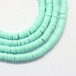 Aquamarine Handmade Polymer Clay Beads, Disc/Flat Round, Heishi Beads, Aquamarine, 3x1mm, Hole: 1mm, about 380~400pcs/strand, 17.7 inch