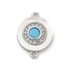 Плоский Круглый Подвески-коннекторы из латуни с микропаве из прозрачного кубического циркония и ракушки, с небесно-голубым стеклом, платина, плоско-круглые, 16.5x12x2.5 мм, отверстие : 1.2 мм