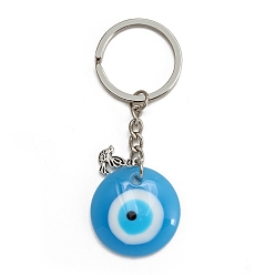 Turquoise Alloy Keychains, with Plastic Flat Round Evil Eye Pendants, Turquoise, 8.5x3cm