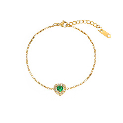 Green Cubic Zirconia Heart Link Bracelet with Golden Stainless Steel Chains, Green, 6-1/4 inch(16cm)