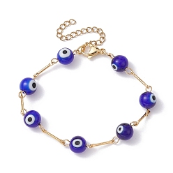 Blue Lampwork Evil Eye Link Chain Bracelets, with Golden Brass Bar Link Chains, Blue, 7 inch(17.8cm)