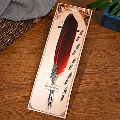 Dark Red Feather Quill Pen, Vintage Feather Dip Ink Pen, Zinc Alloy Pen Stem Writing Quill Pen Calligraphy Pen As Christmas Birthday Gift Set, Dark Red, 23~24cm