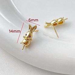 Golden Brass Bunny with Cubic Zirconia Stud Earring Findings, 925 Sterling Silver Pins, for Half Drilled Beads, Golden, 14x6mm