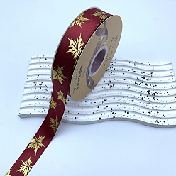Dark Red 48 Yards Thanksgiving Day Polyester Satin Ribbons, Gold Stamping Maple Leaf, Dark Red, 1 inch(25mm), about 48.00 Yards(43.89m)/Roll