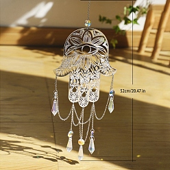 Прозрачный АВ Металлическая полая рука хамса с подвесными украшениями для глаз, Стеклянные конусы с кисточками для уличного украшения сада, ясно AB, 520x100 мм