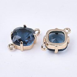 Steel Blue Transparent Glass Links connectors, with Brass Findings, Faceted, Rhombus, Light Gold, Steel Blue, 16.5x11x6mm, Hole: 1.2mm, Side Length: 11mm