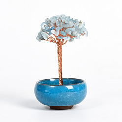 Amazonite Natural Amazonite Chips Tree Display Decorations, with Random Color Porcelain Bowls, Copper Wire Wrapped Feng Shui Ornament for Fortune, 66x100~110mm