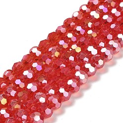 Red Transparent Glass Beads, 32 Facets, AB Color Plated, Round, Red, 8x7~7.5mm, Hole: 1.5mm, about 66pcs/strand, 18.82''~19.06''(47.8~48.4cm)