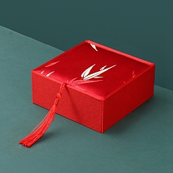 Красный Коробка из парчи и атласа в китайском стиле из бамбуковых листьев, Для браслетов, серьга, квадратный, красные, 10x10x4 см