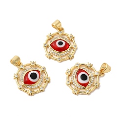 Red Handmade Evil Eye Lampwork Pendants, with Brass Cubic Zirconia Finding, Cadmium Free & Lead Free, Real 18K Gold Plated, Flat Round Charm, Red, 20.5x17.5x3.3mm, Hole: 3x4.3mm