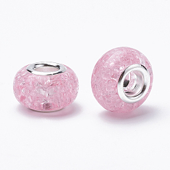 Pearl Pink Crackle Resin European Beads, Large Hole Beads, with Silver Color Plated Brass Cores, Rondelle, Pearl Pink, 13.5~14x8.5~9mm, Hole: 5mm