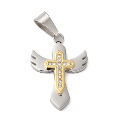 Golden & Stainless Steel Color Vacuum Plating 304 Stainless Steel Pendants, with Rhinestone, Cross with Wing Charm, Golden & Stainless Steel Color, 28.2x20x3.5mm, Hole: 9x5mm